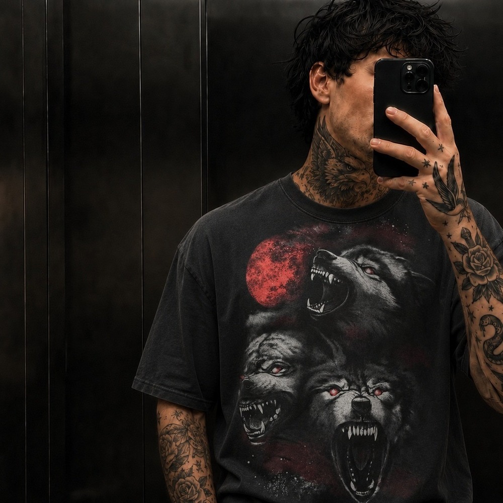 Vintage ALT Y2K Wolf Delta Graphic Tee Mens 2XL Black Three Wolves Red Moon
